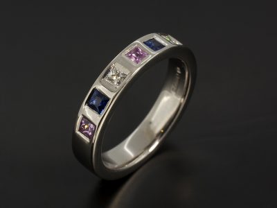 Palladium Eternity / Dress Ring with Princess Cut Diamonds Pink and Blue Sapphires.