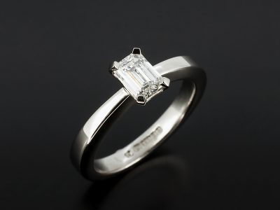 Ladies Solitaire Diamond Engagement Ring, Palladium Claw Set Design, Emerald Cut Diamond 0.55ct, F Colour, VVS2 Clarity