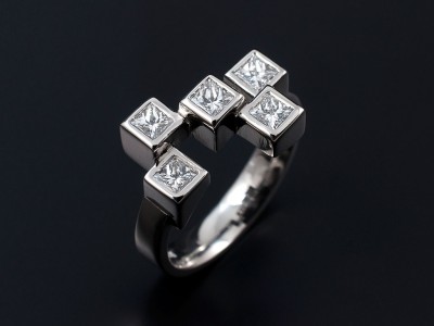Ladies Five Diamond Engagement Ring, Palladium Rub over Set Contemporary Design, Princess Cut Diamonds x5 0.15ct, F Colour, VS Clarity