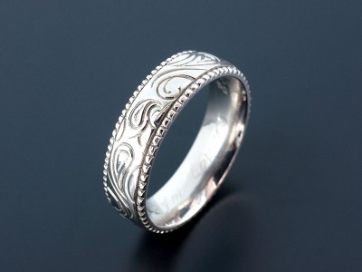 Gents Palladium Wedding Ring, Paisley Pattern with Filigree Detail