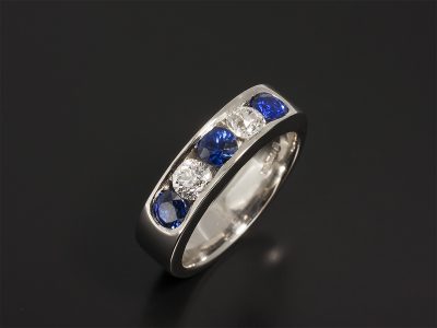 Ladies Diamond and Sapphire Eternity Ring, Palladium Channel Set Design, Round Brilliant Cut Diamonds 0.30ct, Round Brilliant Cut Sapphires 0.57ct