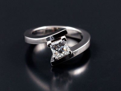 Ladies Solitaire Diamond Engagement Ring, Palladium 4 Claw Set Twist Design, Princess Cut Diamond 0.63ct, E Colour, VS1 Clarity