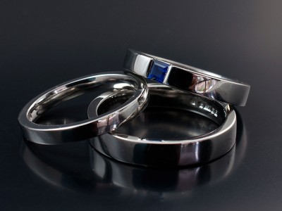 Palladium and Square Sapphire Engagement Ring with Matching Gents and Ladies Wedding Rings.