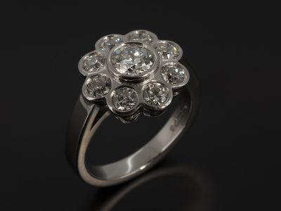 Ladies Diamond Halo Dress Ring, Palladium Rub over and Cluster Set Design, Round Brilliant Cut Diamond Centre Stone 1.18ct, Round Brilliant Cut Diamond Halo 0.59ct Total