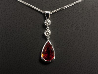 18kt White Gold Sapphire and Diamond Drop Pendant, Pear Shape Blood Orange Sapphire 2.83ct with Two Round Brilliant Cut Diamonds 0.12ct, 0.11ct on Spiga Chain