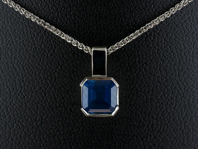 9kt White Gold Half Rub over Set Sapphire Pendant, Asscher Cut Sapphire 1.22ct