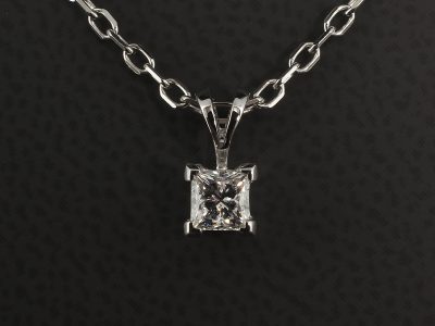 18kt White Gold 4 Claw Set Diamond Solitaire Pendant, Princess Cut Diamond 0.46ct E Colour SI Clarity, Double Bale Detail