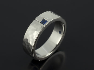 Gents Solitaire Sapphire Engagement or Wedding Ring, Platinum Secret Set Design, Princess Cut Blue Sapphire, Hammered Finish with Grooved Detail