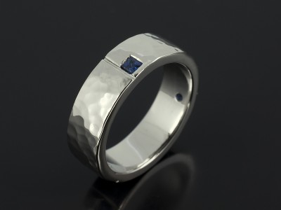 Platinum Hammered Finish Square Sapphire Set Gents Wedding Ring.