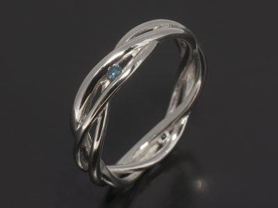 Ladies Blue Diamond Eternity Ring, Platinum Lattice Twist Design, Round Brilliant Cut Diamonds x4