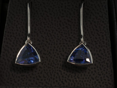 Platinum Rub over Set Tanzanite Drop Earrings, Trilliant Cut Tanzanites 3.06ct Total