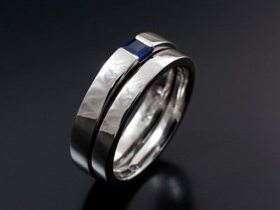 Platinum Step Cut Sapphire Engagement Ring with Fitted Wedding Ring.