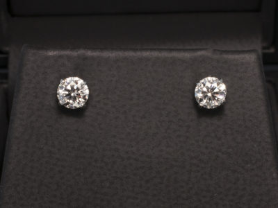 Platinum 4 Claw Set Diamond Stud Earrings, Round Brilliant Cut Diamonds 0.82ct Total. D Colour SI1 Clarity Triple Excellent Grade with Locking Fittings