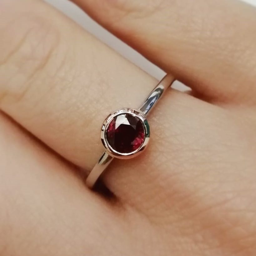 Pigeon Blood Round Ruby 0.81ct in a 9kt Rose Gold Rub Over Setting with Platinum Band Ladies Ring