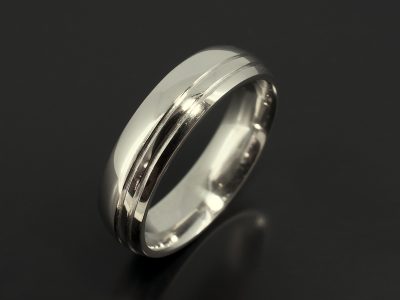 Platinum 6 mm Gents Polished Wedding Ring with 2 Grooves off set in Band.