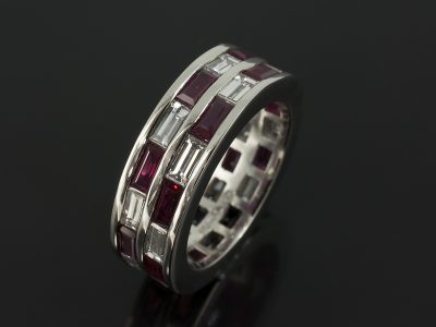 Platinum Baguette Cut Ruby 2.69ct and Diamond 2.16ct Double Row Eternity Ring.