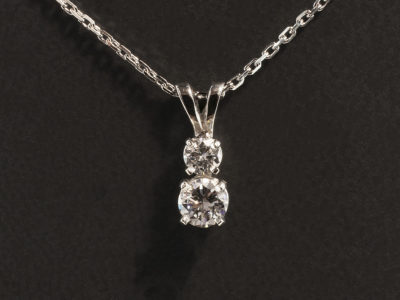 Platinum 4 Claw Set Diamond Drop Pendant, Round Brilliant Cut Diamonds 0.43ct and 0.17ct F Colour SI Clarity Minimum, Double Bale Detail on Trace Chain