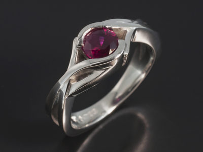 Platinum Part Rub over Square Lattice Design Ladies Ring, Round Brilliant Cut Ruby, 0.74ct