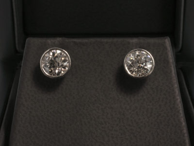 Platinum Rub over Set Diamond Stud Earrings, Round Brilliant Cut Diamonds 2.51ct Total H Colour VS Clarity