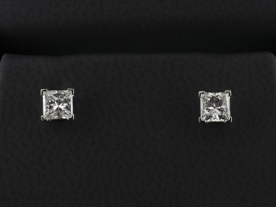 Platinum 4 Claw Set Diamond Stud Earrings, Princess Cut Diamonds 0.66ct F Colour VS Clarity Min