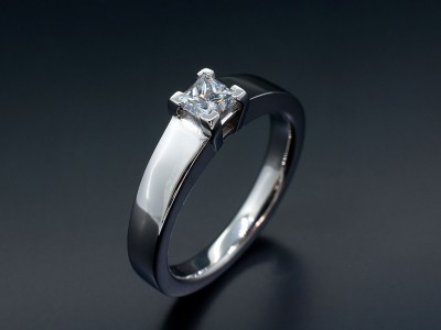 Ladies Solitaire Diamond Engagement Ring, Palladium 4 Claw Set Design, Princess Cut Diamond 0.37ct, F Colour, VS2 Clarity