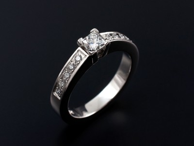 Ladies Diamond Engagement Ring, Palladium 4 Claw and Pavé Set Design, Princess Cut Diamond Centre Stone 0.40ct, G Colour, VS2 Clarity, Pavé Set Diamond Shoulders
