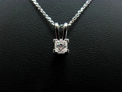 9kt White Gold 4 Claw Set Solitaire Diamond Pendant, Princess Cut Diamond 0.26ct H colour VS clarity, Double Bale Design