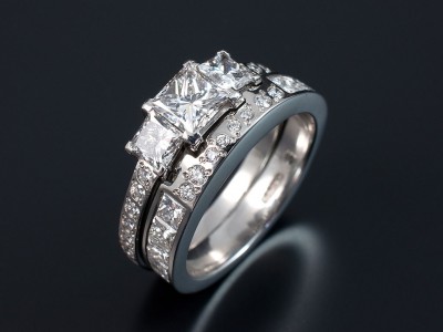 Princess Cut Platinum Trilogy with Fitted Princess Cut and Round Brilliant Cut Wedding Ring.