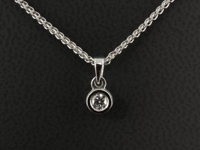 9kt White Gold Rub over Set Diamond Pendant, Round Brilliant Cut Diamond 0.10ct F VS on a 9kt White Gold Spiga Chain