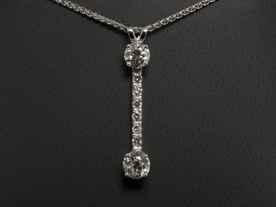 18kt White Gold Claw Set Diamond Drop Pendant, Round Brilliant Cut Diamond 1.55ct, 1.02ct, 0.37ct (6), Split Bale Design on Spiga Chain