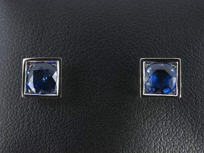 18kt White Gold Rub over Set Sapphire Stud Earrings, Round Cut Sapphires 1.80ct in Square Setting