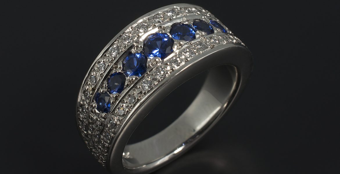 Eternity Ring with Round Brilliant Sapphires 0.71ct Total and Round Brilliant Diamonds 0.40ct Total in a Palladium Pavé Set Design.