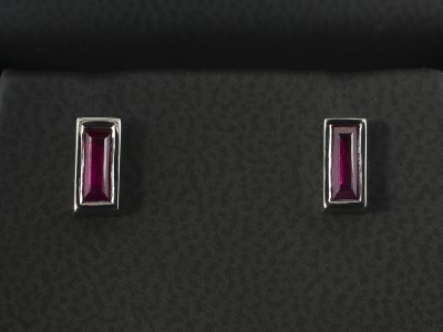 Platinum Rub over Set Ruby Stud Earrings, Baguette Cut Rubies 1.08ct with Locking Fittings