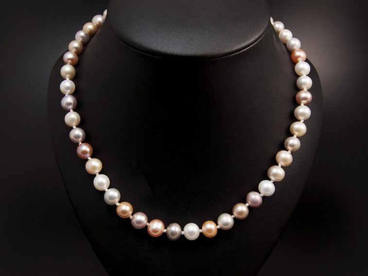 Multi Tone Round Freshwater Pearl Necklace 7-8mm With Silver 'C' Shaped Clasp