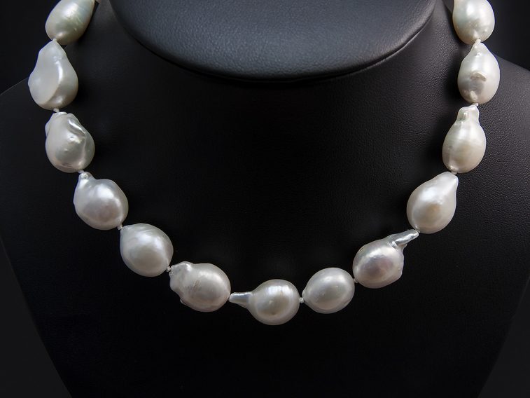 White Teardrop Shape Freshwater Baroque Pearl Necklace With A Silver Patterned Magnetic Clasp