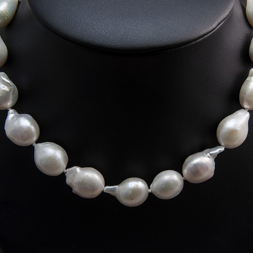 White Teardrop Shape Freshwater Baroque Pearl Necklace With A Silver Patterned Magnetic Clasp