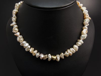 Peach Freshwater Keshi Pearl Necklace With A Silver Patterned Magnetic Clasp