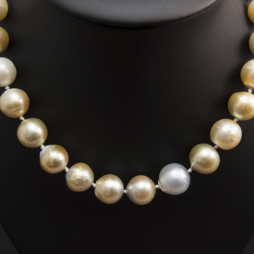 Peach, Grey Tone Graduated Southsea Pearl Necklace 10-14.6mm With A Gold Plated Silver Magnetic Clasp