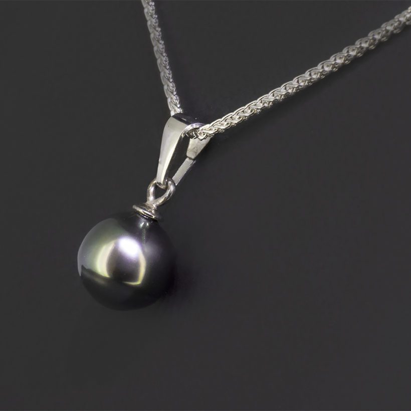 Sterling Silver Pearl Drop Pendant, 9mm Tahitian Pearl, Solid Silver Bale on Sterling Silver Spiga Chain