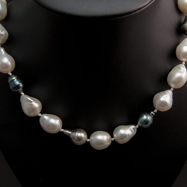 Multi Tone Tahitian & Baroque Pearl Necklace 12-13mm With Silver Loop Lock Clasp