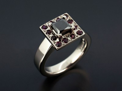 Ladies Black Diamond and Ruby Halo Dress Ring, Palladium Claw Set Design, Square Black Diamond 0.70ct, Round Rubies Set into Halo