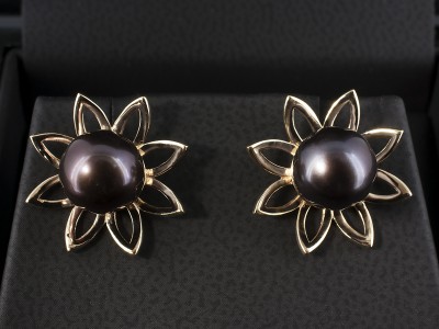 Yellow Gold Tahitian Pearl Stud Earrings in Floral Inspired Design