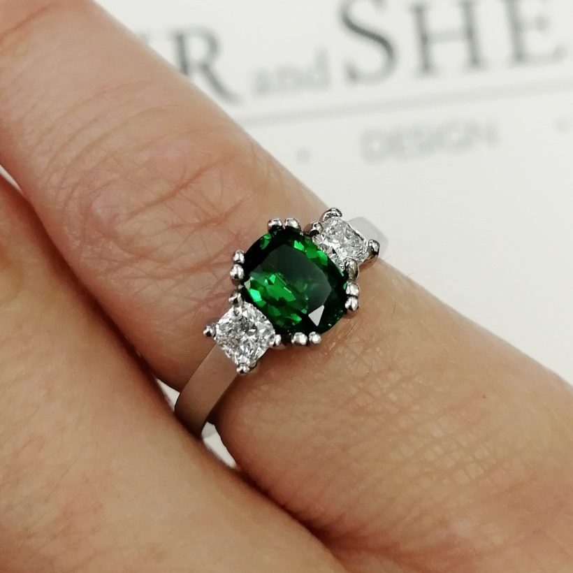 Tsavorite and Cushion Cut Diamond Trilogy Ring Set in Platinum