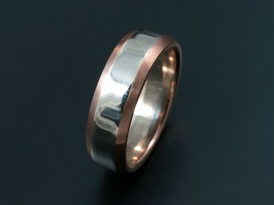 Two Tone 18kt White and Rose Gold Gents Wedding Ring with Chamfered Edges