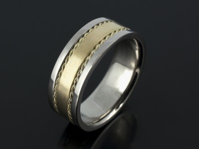 Gents Wedding Ring in 18kt Yellow and White Gold with Rope Detail and Textured Finish.