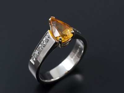 Pear Cut 1.87ct Yellow Sapphire with Round Brilliant Diamonds Pave Set into Shoulders. Hand Made in 18kt White Gold