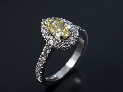 Ladies Yellow Diamond Halo Engagement Ring, Platinum Claw and Pavé Set Design, Fancy Intense Yellow Diamond 0.74ct, VS1 Clarity, Round Brilliant Cut Diamond Halo and Shoulder