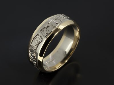 Gents Wedding Ring with Pictish Runes Detail, 18kt White and Yellow Gold with Chamfered Edges