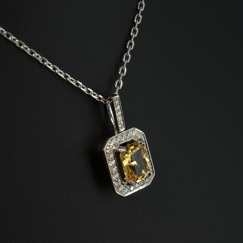 18kt White Gold Diamond Pavé and Claw Set Pendant with Radiant Cut Yellow Sapphire 1.58ct