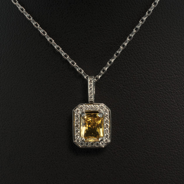 18kt White Gold Diamond Pavé and Claw Set Pendant with Radiant Cut Yellow Sapphire 1.58ct